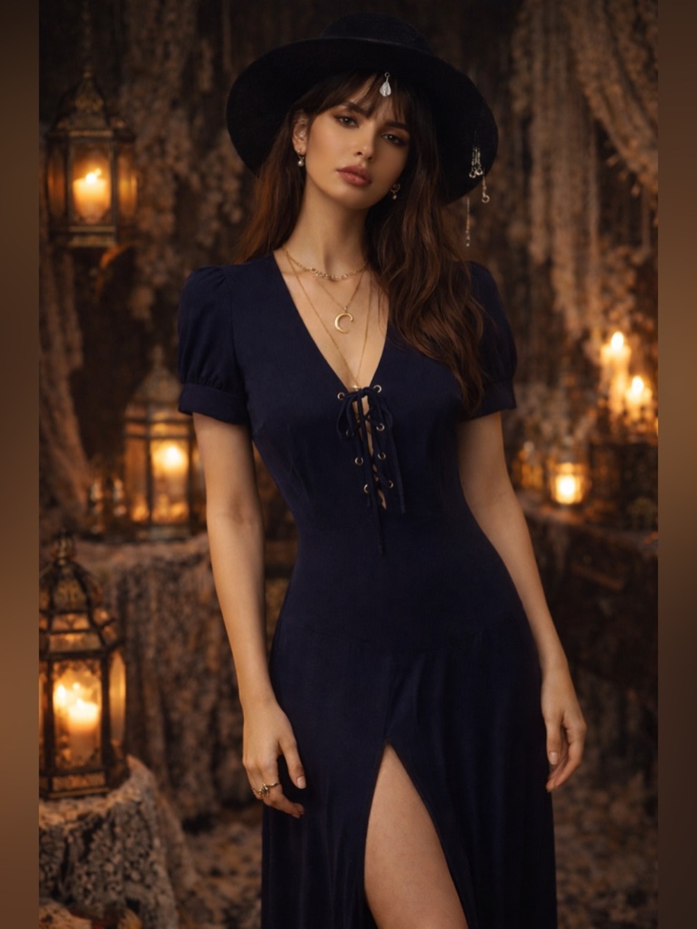 Navy Blue Boho Lace-Up Front Maxi Dress 100% Viscose Flowy Romantic Size 2 NWOT